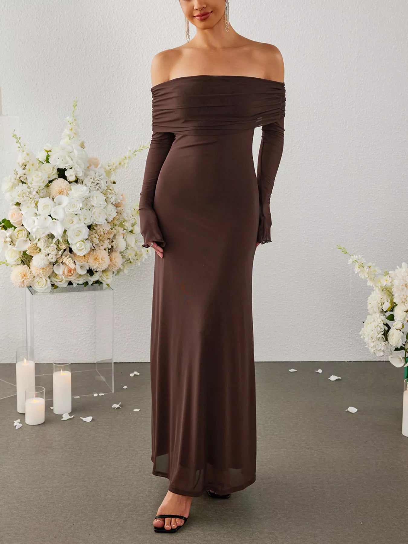 Off-Shoulder Ruched Long Sleeve Maxi Dress-Nordavory