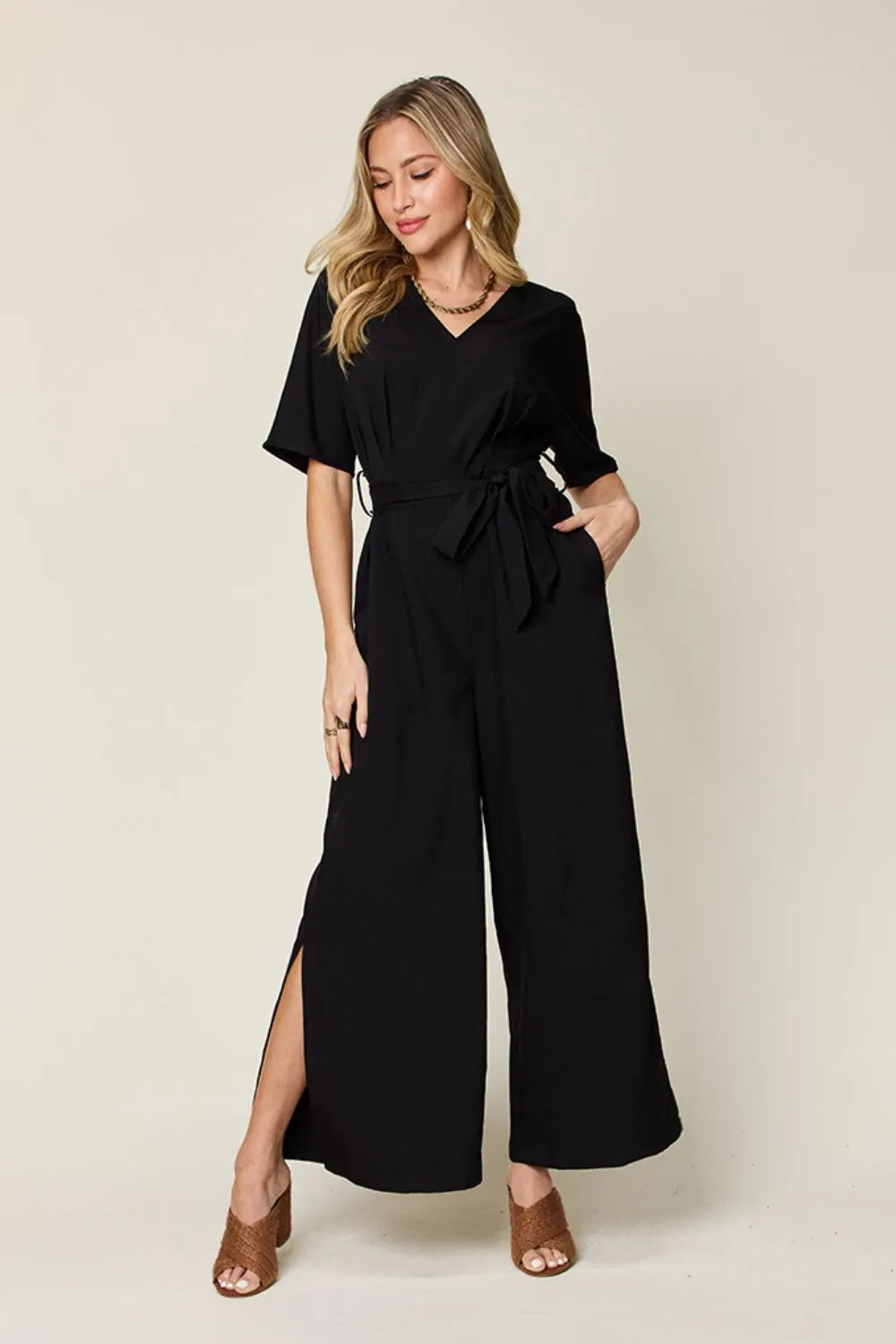 Double Take Full Size V-Neck Tied Side Slit Jumpsuit-Nordavory