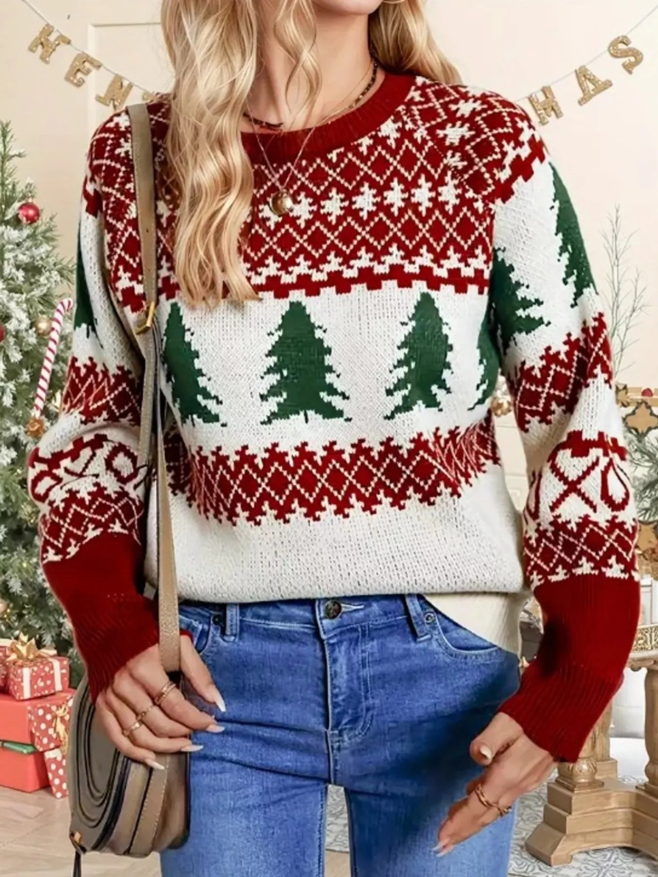 Christmas Tree Pattern Round Neck Sweater-Nordavory