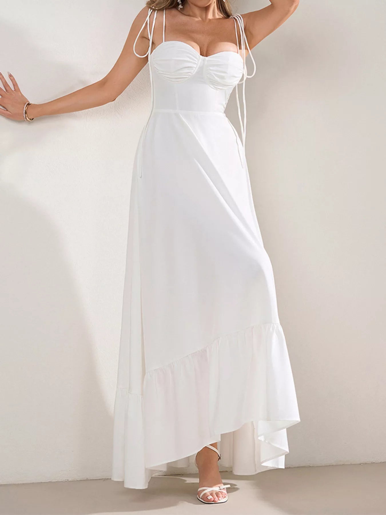 Sweetheart Neck Tie-Strap Ruffle Hem Maxi Dress-Nordavory
