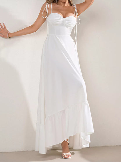 Sweetheart Neck Tie-Strap Ruffle Hem Maxi Dress-Nordavory