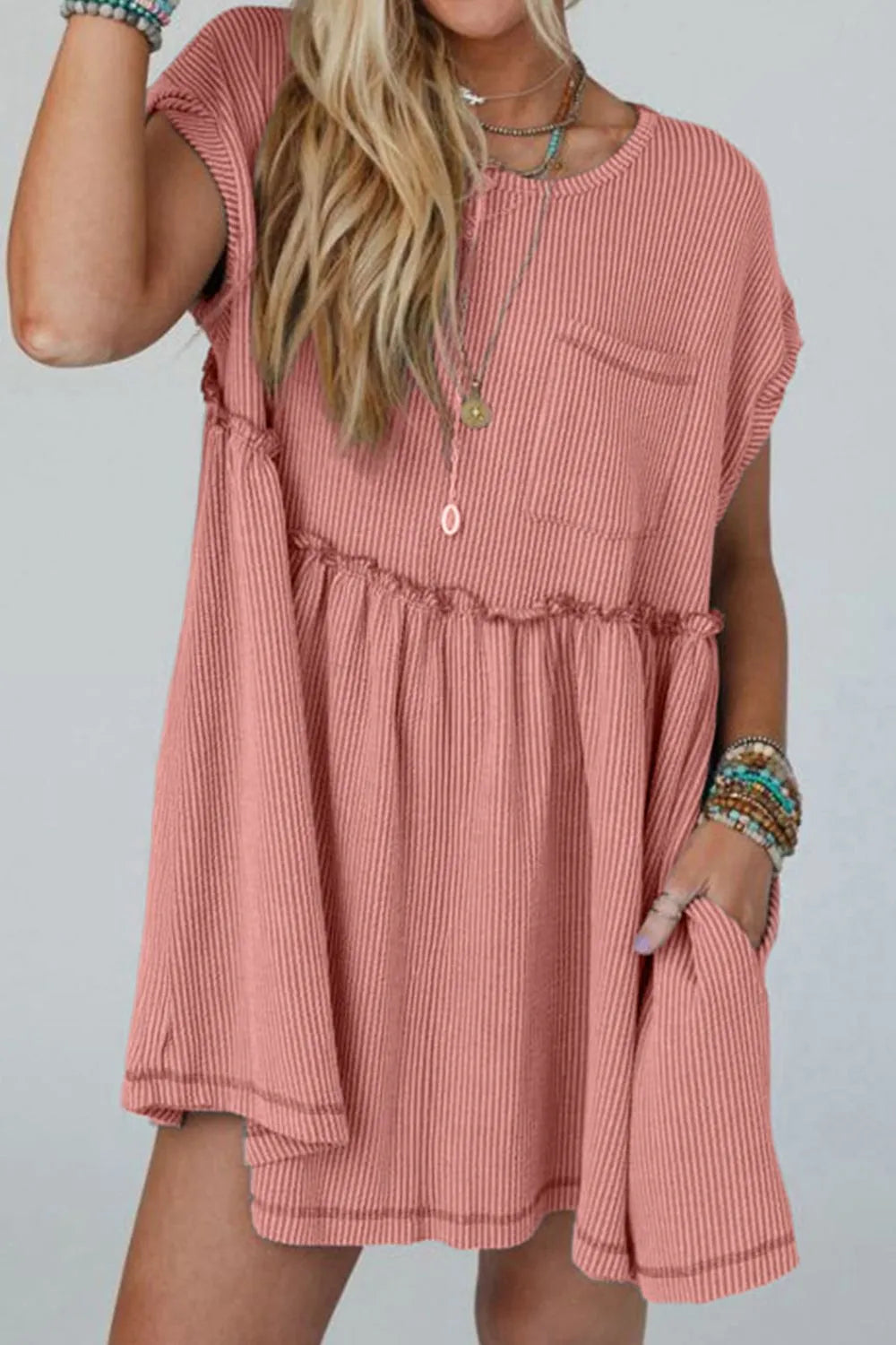 Corded Knit Textured Patched Pocket Frilled Swing Mini Dress with Pockets-Nordavory