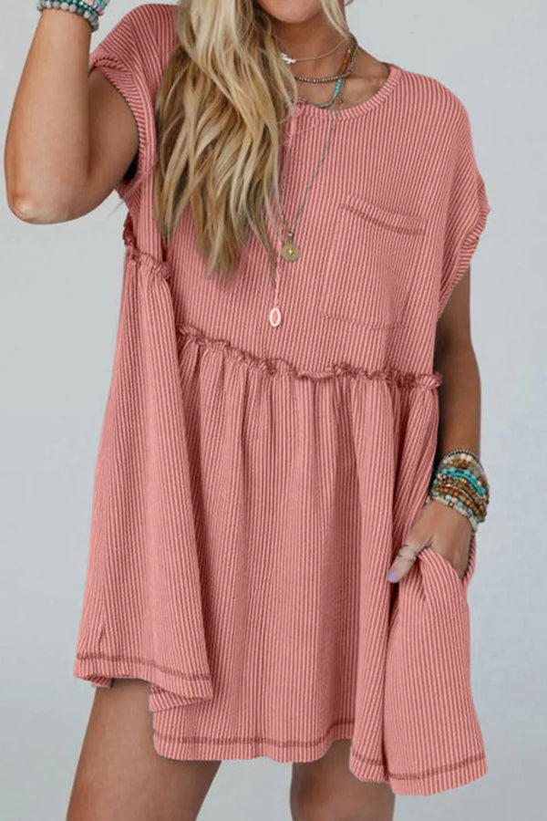 Corded Knit Textured Patched Pocket Frilled Swing Mini Dress with Pockets-Nordavory