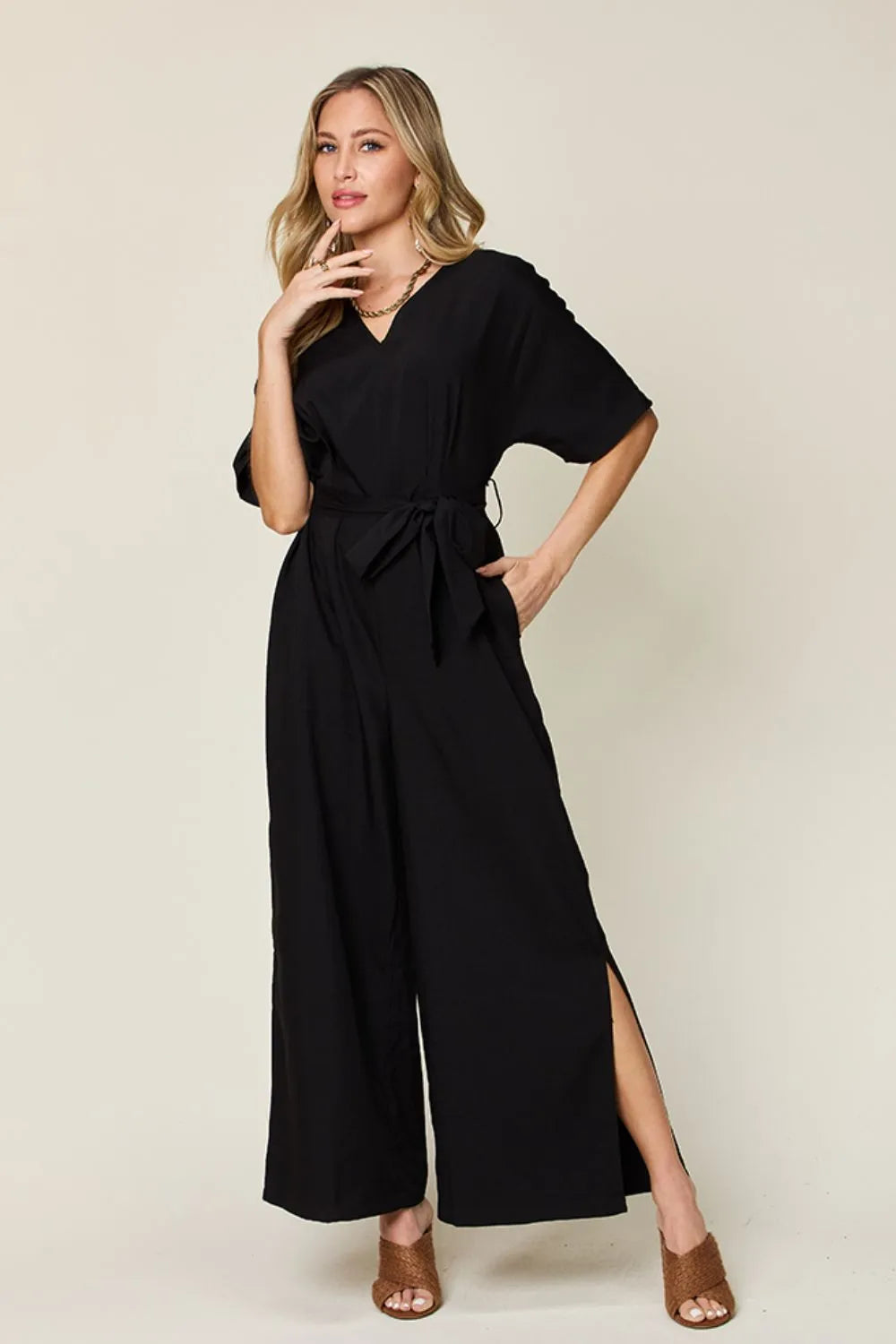 Double Take Full Size V-Neck Tied Side Slit Jumpsuit-Nordavory