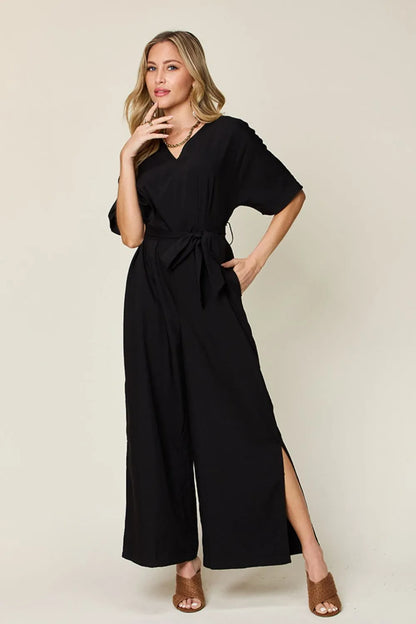 Double Take Full Size V-Neck Tied Side Slit Jumpsuit-Nordavory