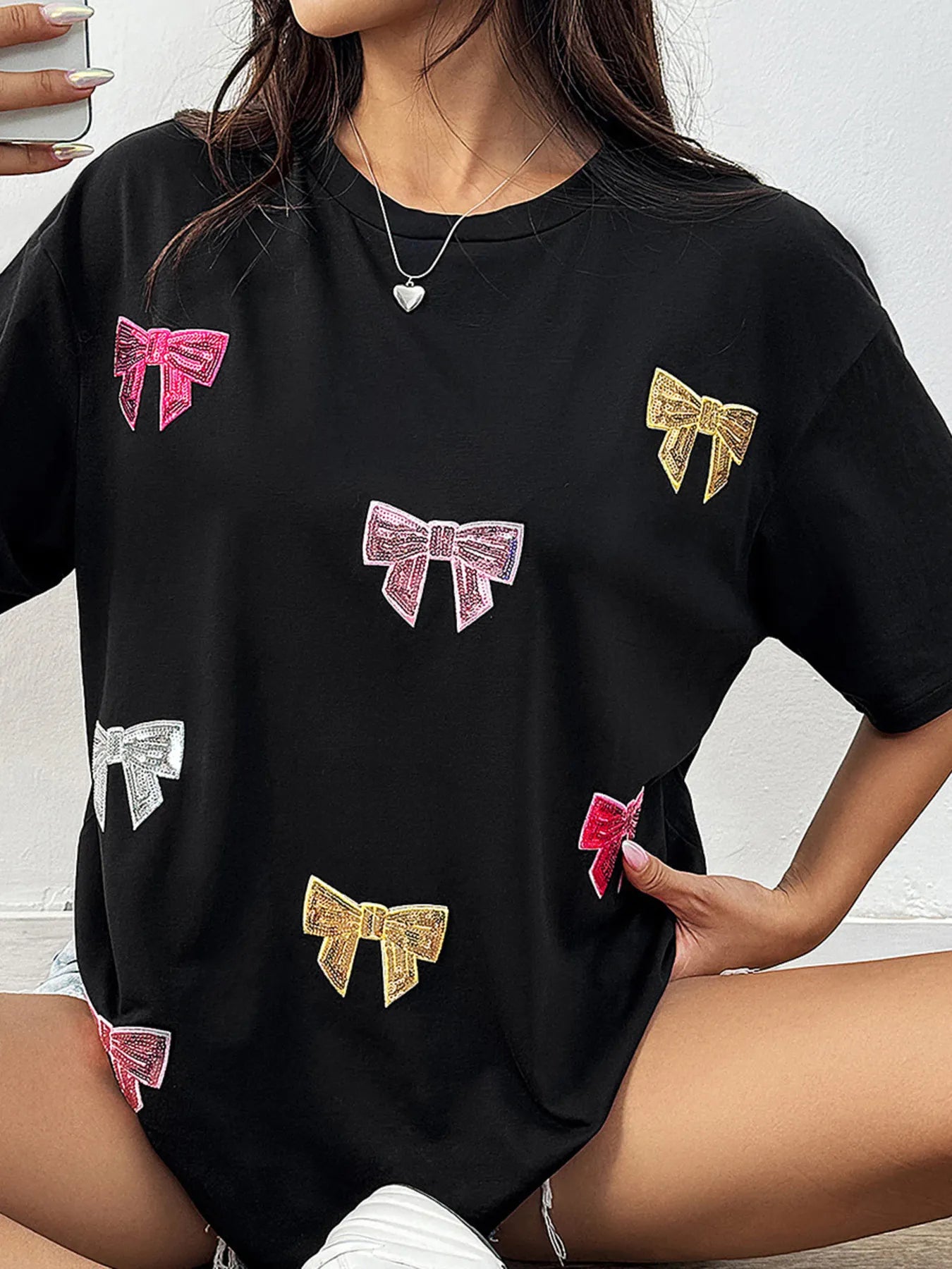 Sequin Bow Round Neck Short Sleeve T-Shirt-Nordavory