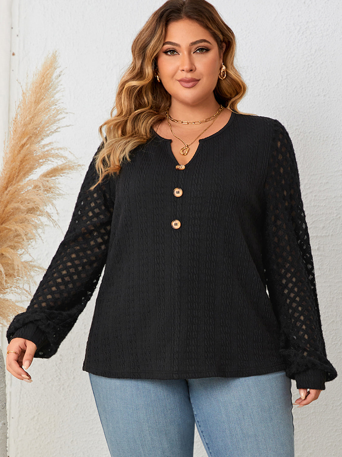 Honey Plus Size Openwork Notched Button Front Blouse-Nordavory