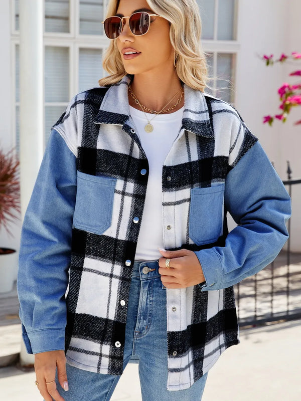 Pocketed Plaid Snap Down Denim Jacket-Nordavory
