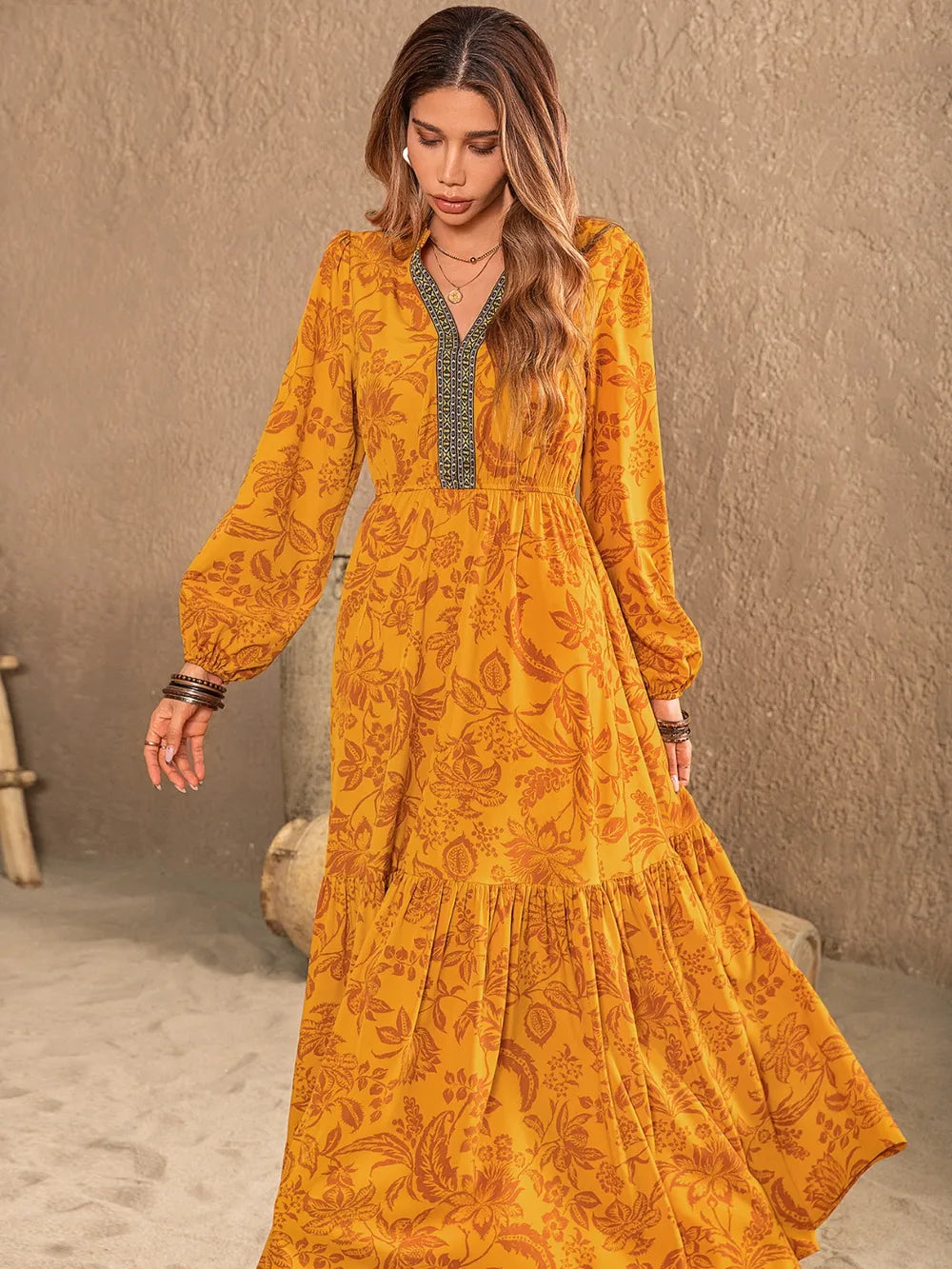 Printed Notched Balloon Sleeve Dress-Nordavory