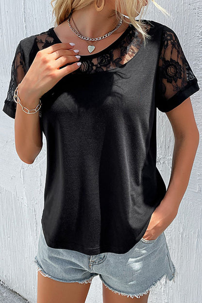 Perfee Spliced Lace Round Neck Short Sleeve Top-Nordavory