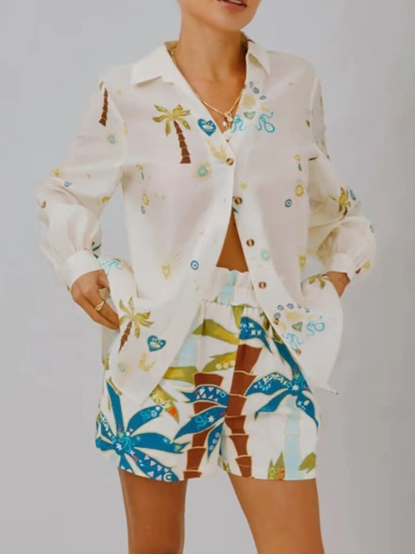 Printed Button Up Shirt and Shorts Set-Nordavory