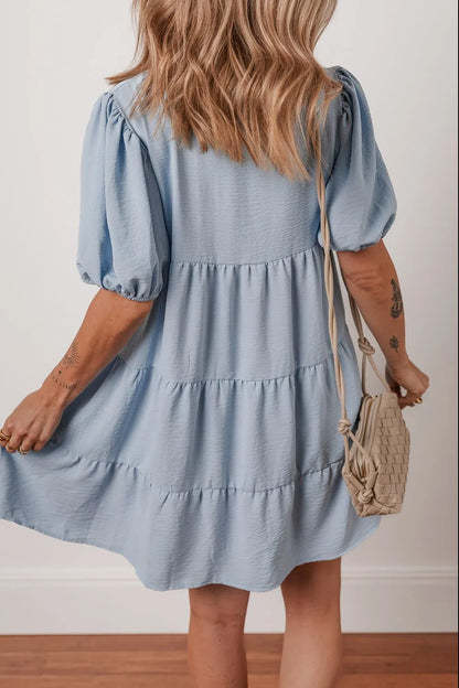 Button Up Puff Sleeve Tiered Shirt Dress-Nordavory