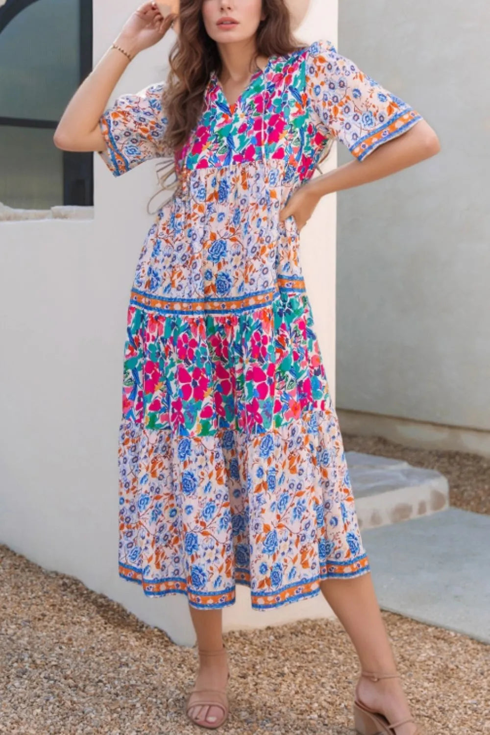 Mixed Floral Print Tie Neck Short Sleeve Dress-Nordavory