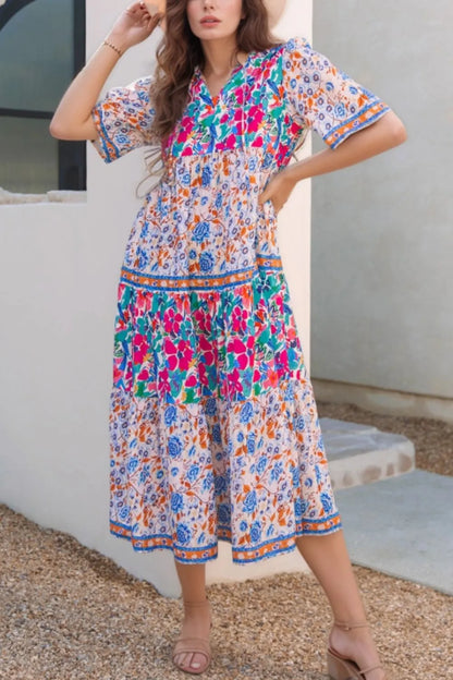 Mixed Floral Print Tie Neck Short Sleeve Dress-Nordavory