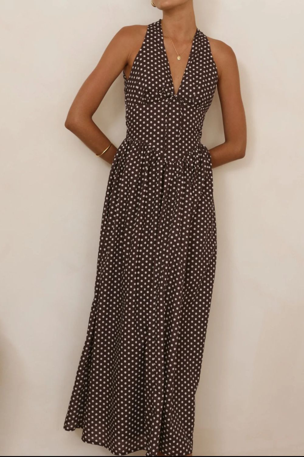 Backless Polka Dot Halter Neck Maxi Dress-Nordavory