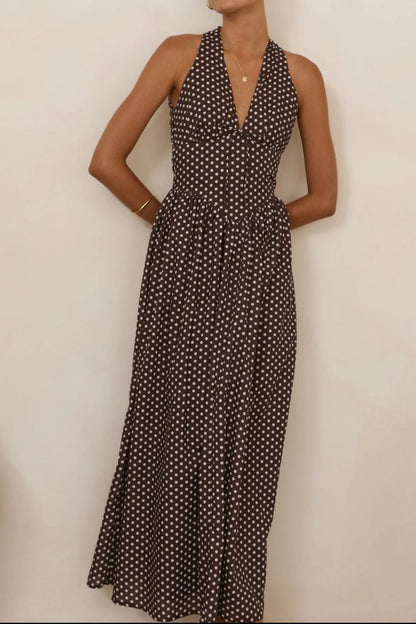 Backless Polka Dot Halter Neck Maxi Dress-Nordavory