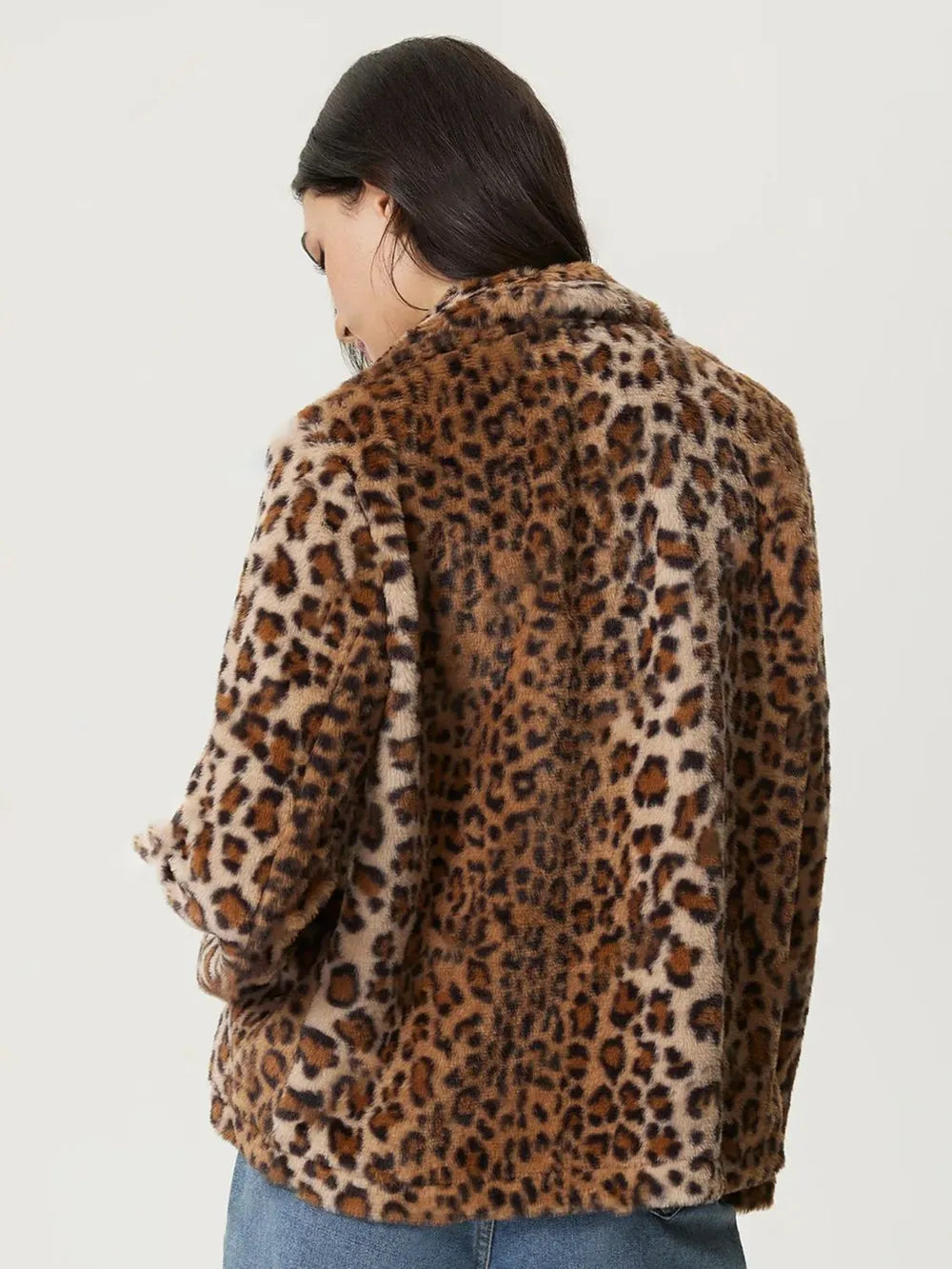 Fuzzy Leopard Collared Neck Jacket-Nordavory