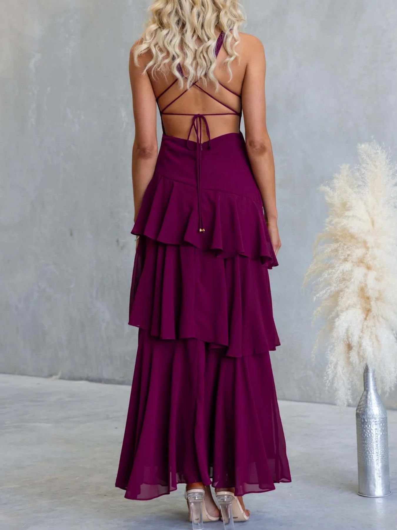 Sleeveless Ruffled Layered Backless Maxi Dress-Nordavory
