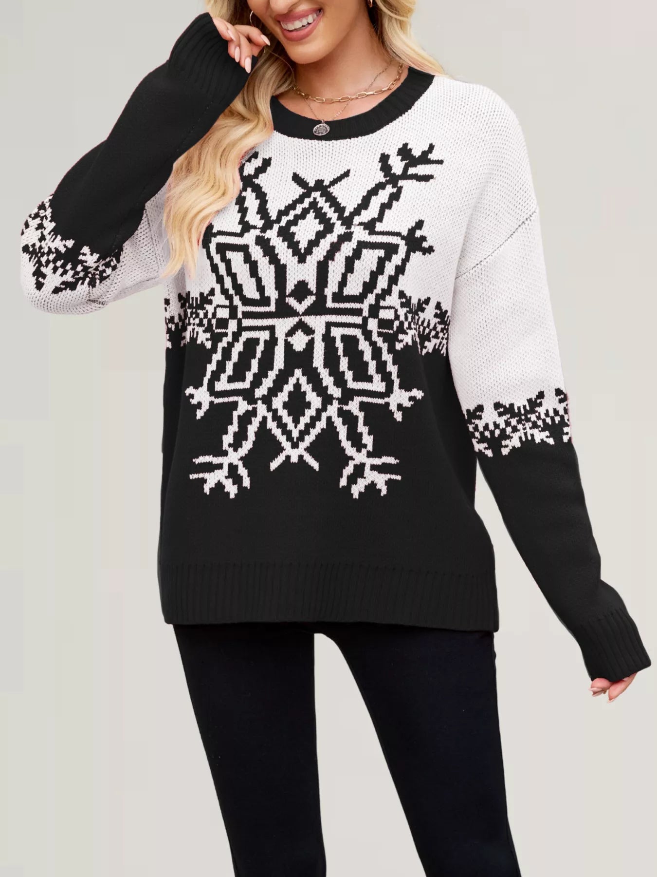 Christmas Snowflake Round Neck Sweater-Nordavory