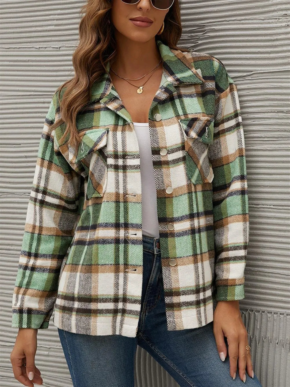 Plaid Collared Neck Long Sleeve Jacket-Nordavory