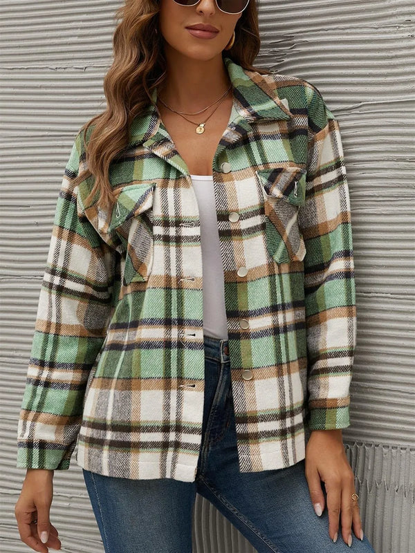 Plaid Collared Neck Long Sleeve Jacket-Nordavory
