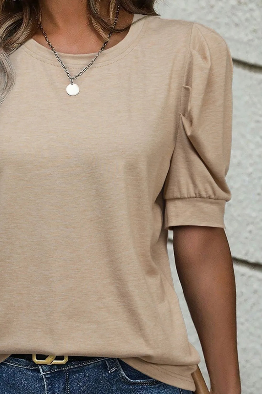 Round Neck Puff Sleeve Casual T-Shirt-Nordavory