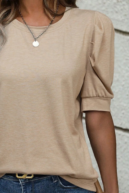 Round Neck Puff Sleeve Casual T-Shirt-Nordavory