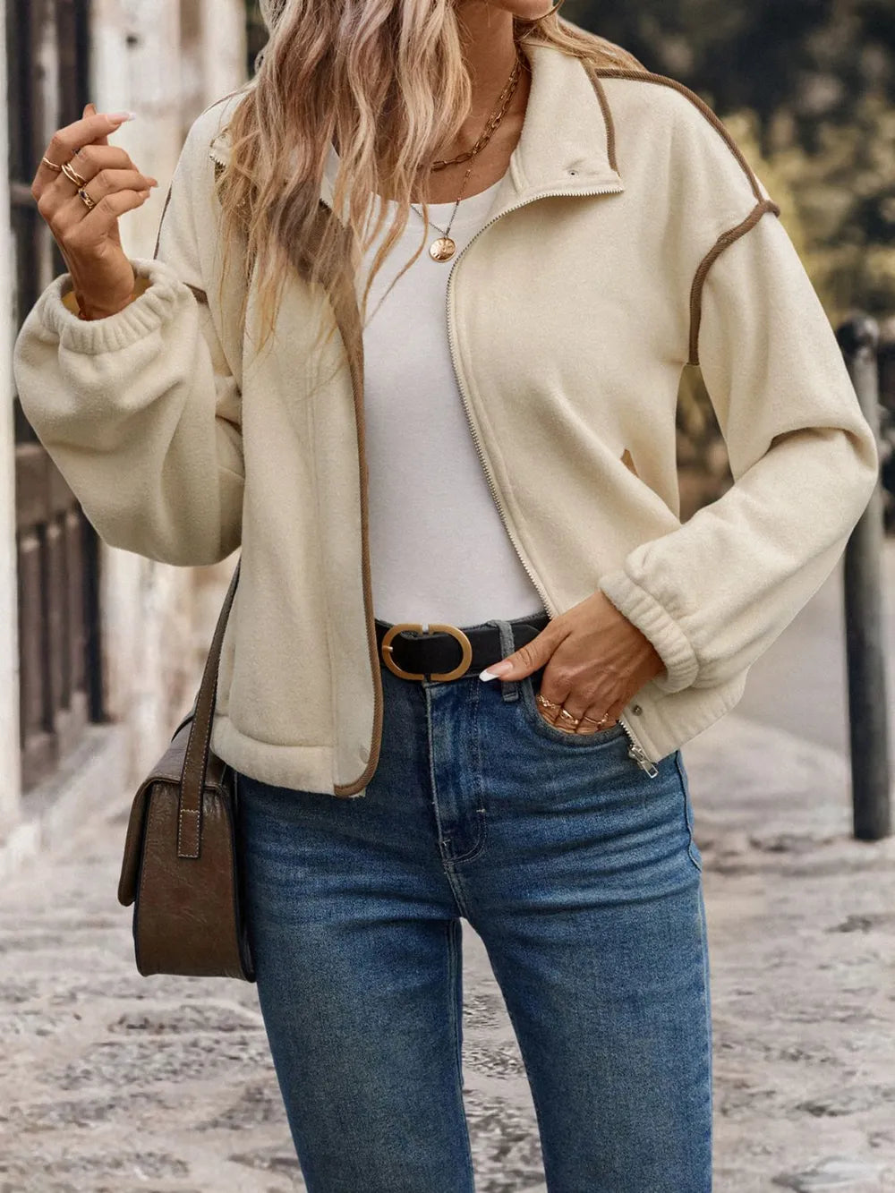 Perfee Zip Up Dropped Shoulder Polar Fleece Jacket-Nordavory
