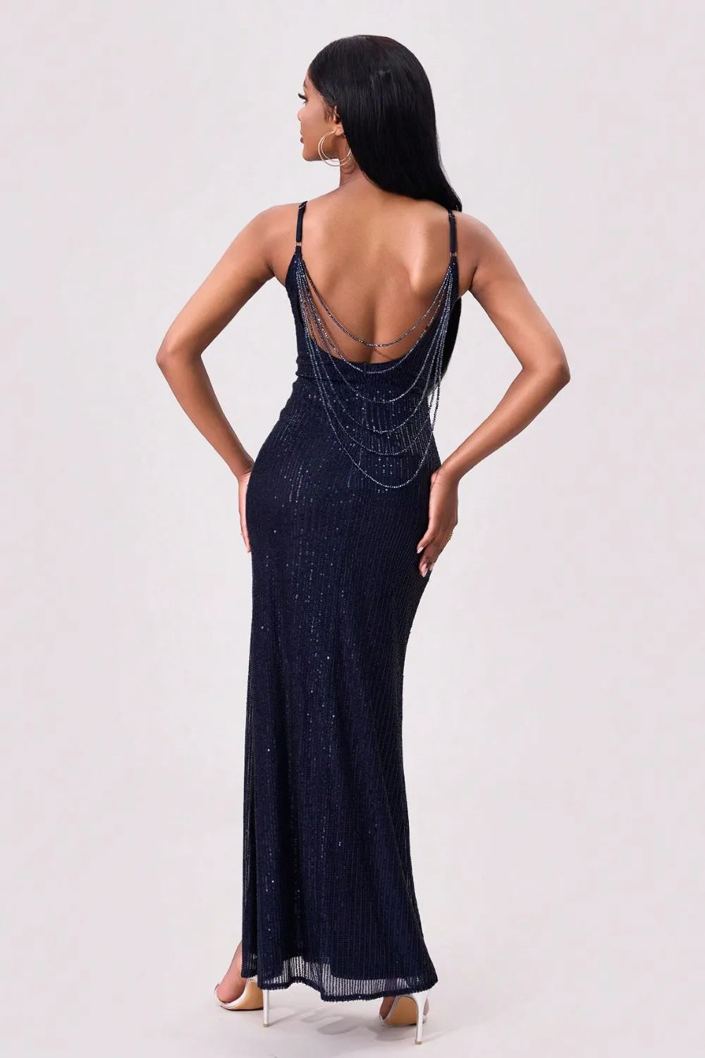 Split Sequin Backless Maxi Cami Dress-Nordavory