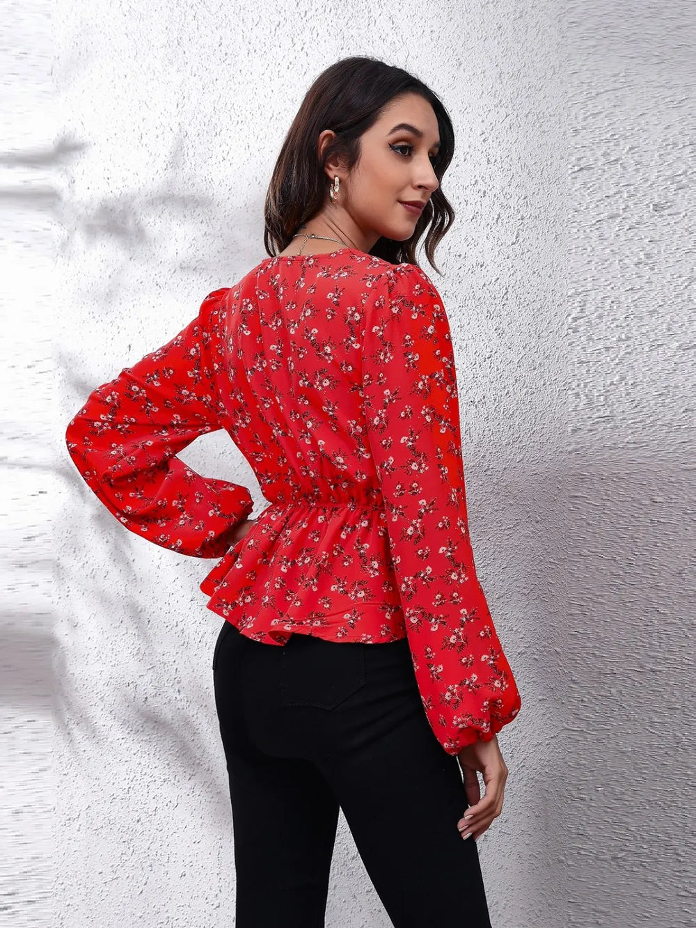Floral V-Neck Balloon Sleeve Peplum Blouse-Nordavory