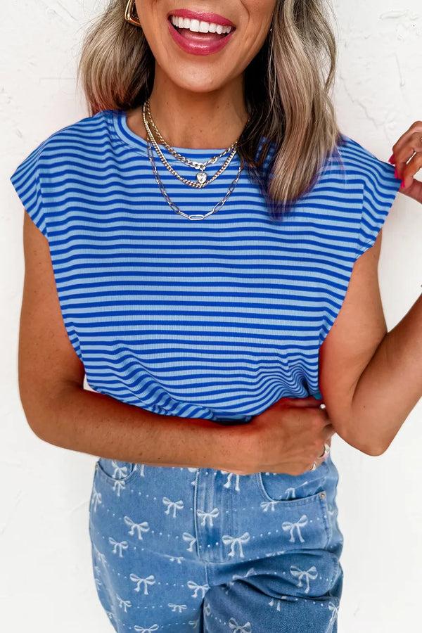 Striped Round Neck Cap Sleeve T-Shirt-Nordavory