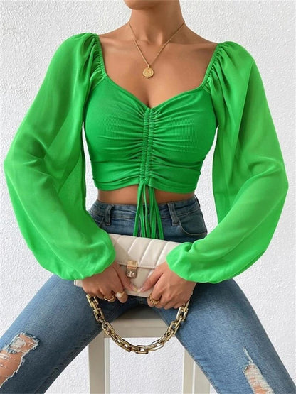 Drawstring Sweetheart Neck Cropped Top-Nordavory