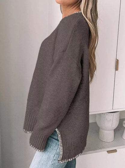 Slit Contrast Trim Round Neck Sweater-Nordavory