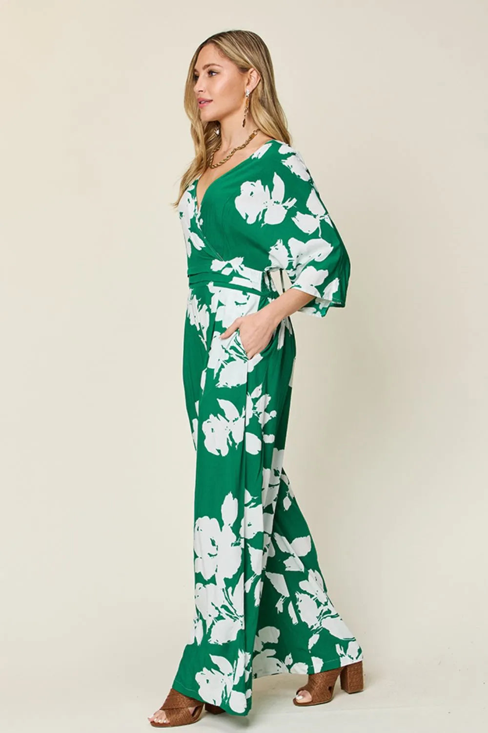 Double Take Full Size Printed Tie Back Wide Leg Jumpsuit-Nordavory