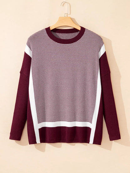 Stripe Color Block Patchwork Dolman Oversize Tunic Sweater-Nordavory