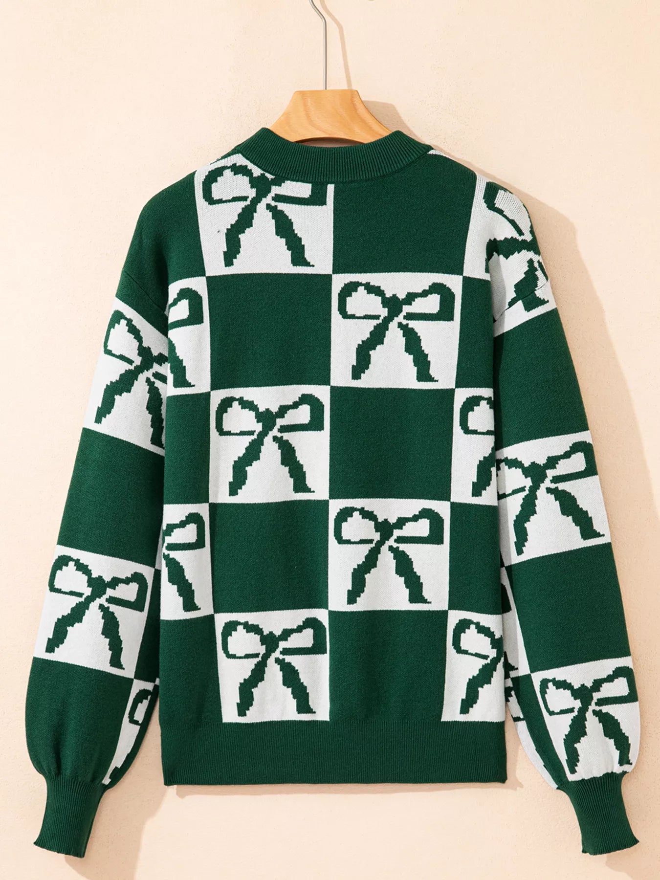 Checkered Bow Round Neck Casual Sweater-Nordavory