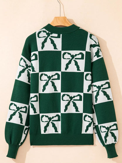 Checkered Bow Round Neck Casual Sweater-Nordavory