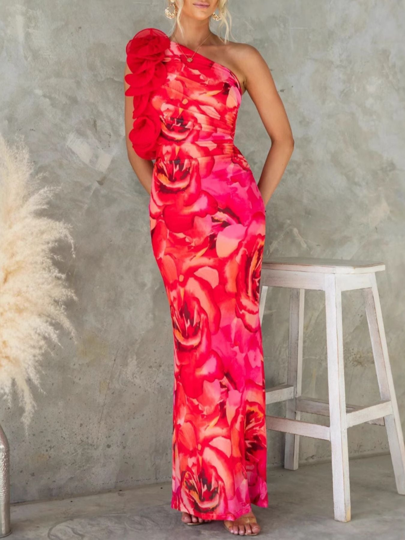Floral Print One-Shoulder Maxi Dress-Nordavory