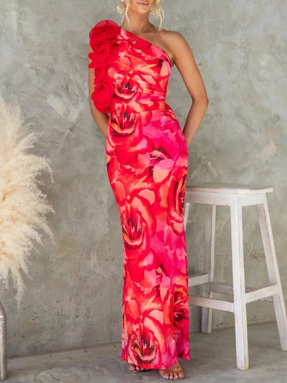 Floral Print One-Shoulder Maxi Dress-Nordavory