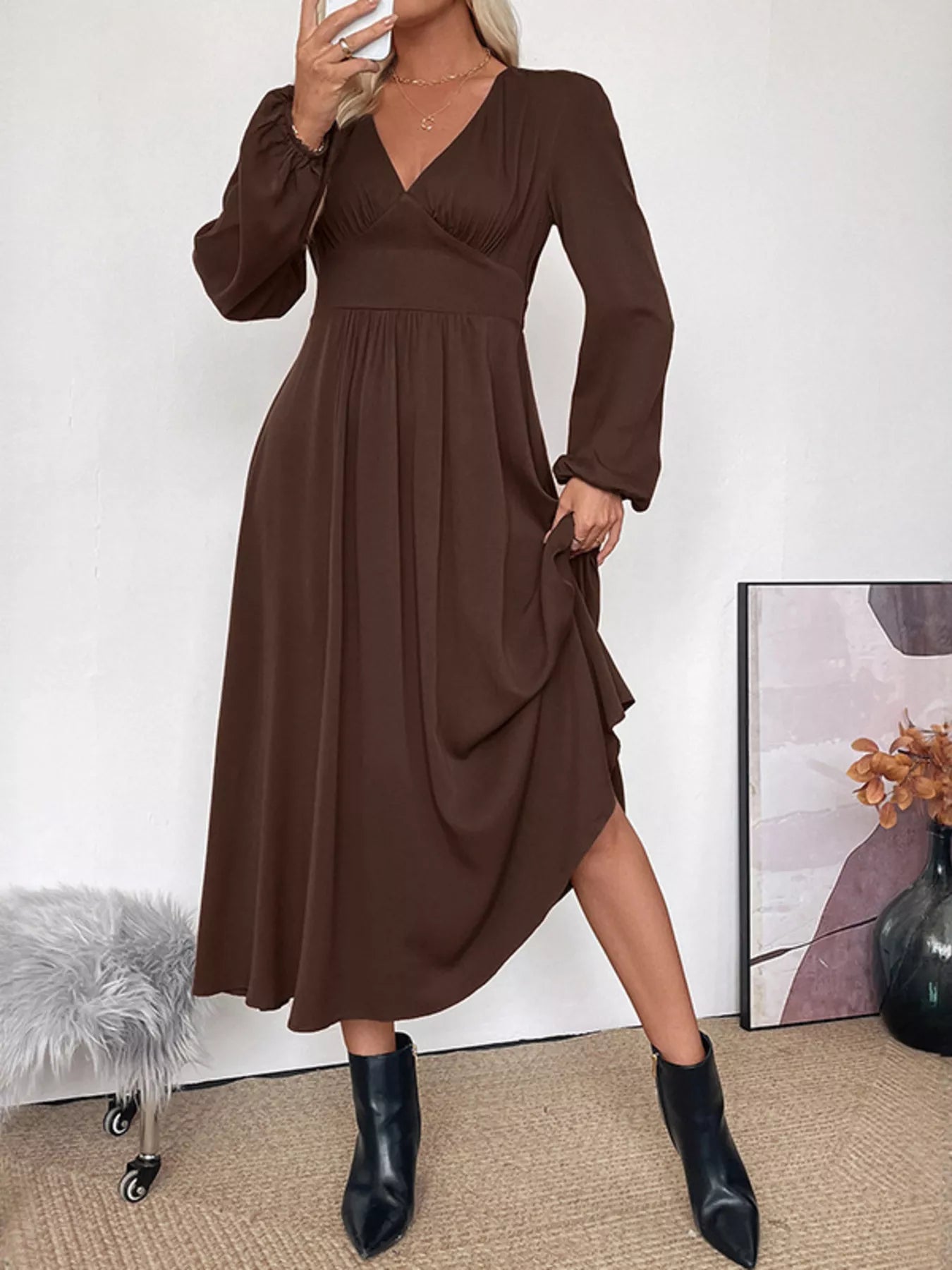 V-Neck Balloon Sleeve Midi Dress-Nordavory