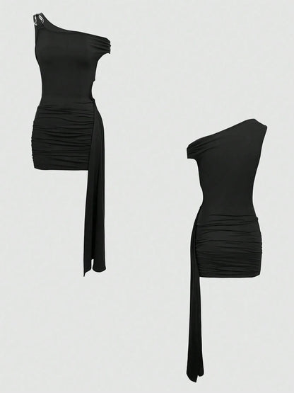 Cutout Asymmetrical Shoulder Mini Dress-Nordavory