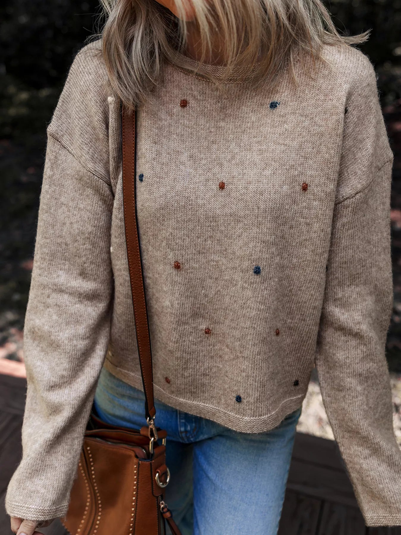 Contrast Colored Dot Detail Drop Shoulder Sweater-Nordavory