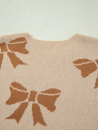 Ribbon Bow Checkered Striped Sleeve Drop Shoulder Sweater-Nordavory