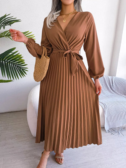 Elegant Pleated Front Tie Long Sleeve Dress-Nordavory