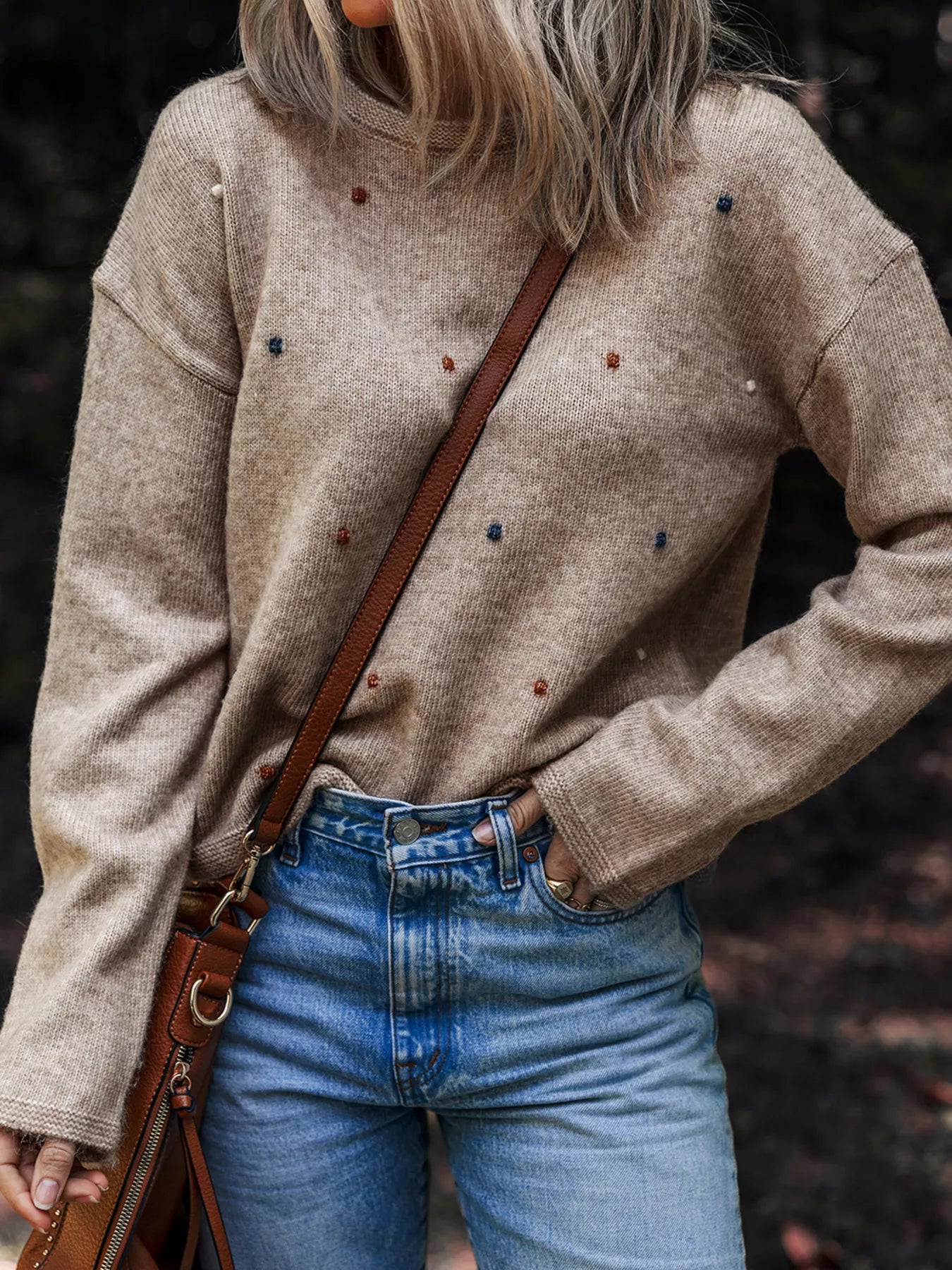 Contrast Colored Dot Detail Drop Shoulder Sweater-Nordavory