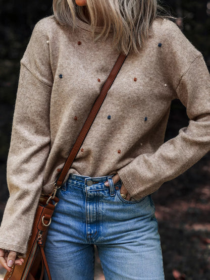 Contrast Colored Dot Detail Drop Shoulder Sweater-Nordavory