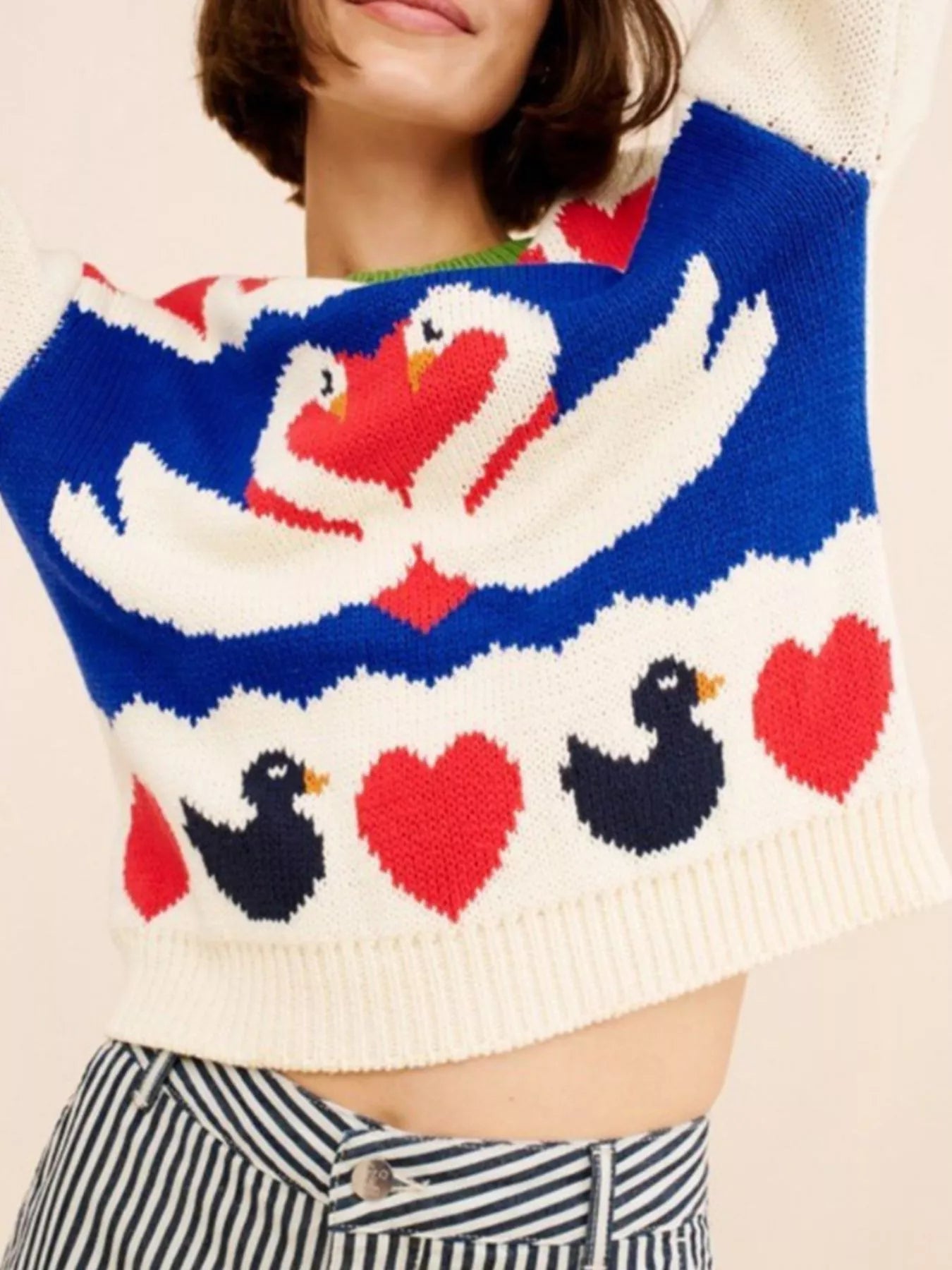 Swan Heart Pattern Round Neck Sweater-Nordavory