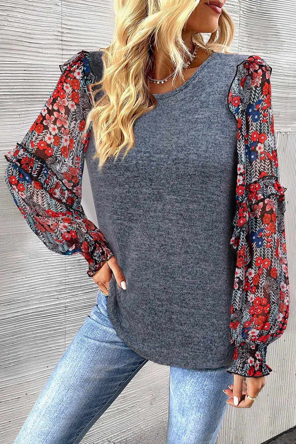 Heathered Floral Frill Lantern Sleeve Blouse-Nordavory