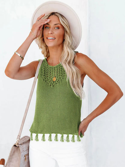 Cutout Tassel Round Neck Tank-Nordavory