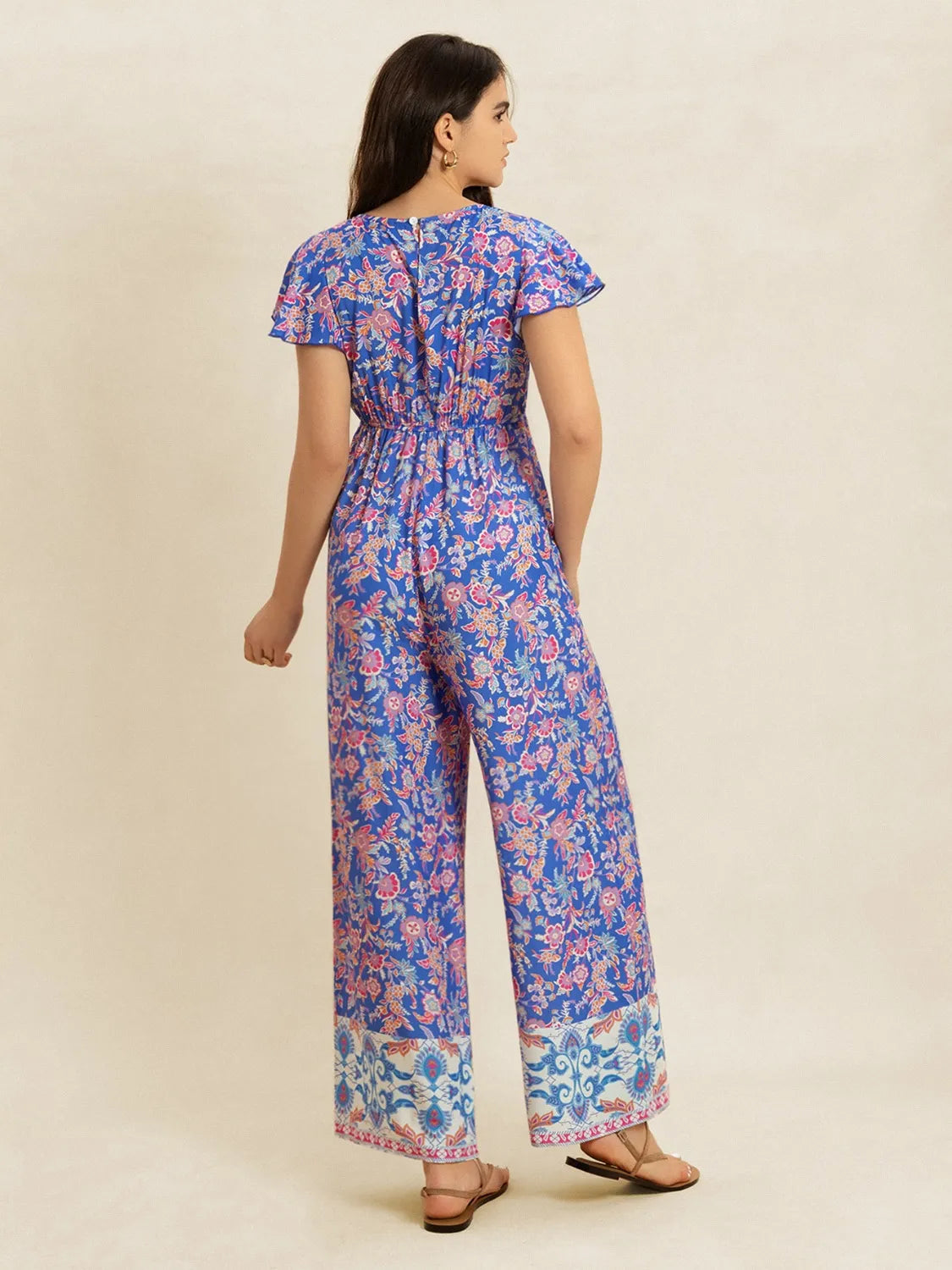 Printed V-Neck Wide Leg Jumpsuit-Nordavory